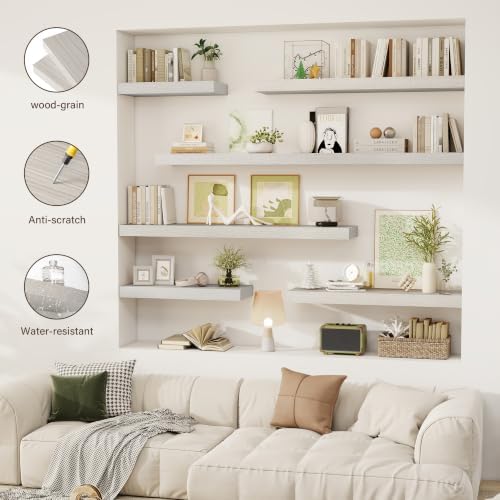 Acovy 36 Inch Floating Shelves, 12" Deep Floating Shelf Wall Mounted, 36" Wall Shelves, Rustic Deep Bookshelf, Extra Deeper & Thicker Display Shelves for Bedroom, Living Room, Gray, Set of 2 - Image 7