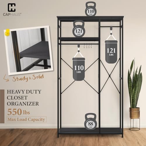 CAPHAUS 550lbs Capacity Garment Rack for Hanging Clothes, Heavy Duty Metal Open Wardrobe w/Hanging Rods & Drawers, Free Standing Closet Organizer, Metal Closet w/Wooden Boards, Black Vintage Board - Image 3