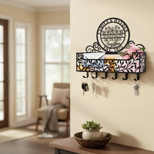 Personalized Metal Last Name Anniversary Key and Mail Holder, Wall Mount Entryway Organizer with Hooks, Custom Family Name Key Rack for Kitchen, Bathroom, and Home Storage - Image 4
