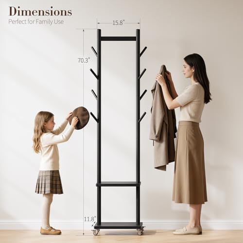 Yoobure Solid Wood Coat Rack Freestanding - Rolling Clothes Rack with 8 Hooks & Shelves, Small Clothing Rack with Wheels, Heavy Duty Clothing Racks for Hanging Clothes, Portable Hall Tree for Entryway - Image 2
