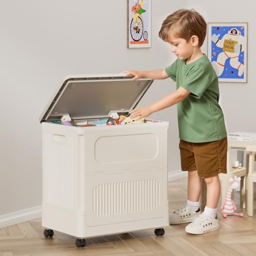 HAIXIN 60QT Storage Bin with Lid and Wheels, Cream White Toy Chest - Image 2