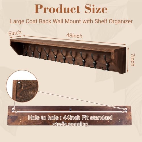 Geelin 48 Inch Wall Shelf with Hooks and Shelf Organizer Wall Mount Coat Rack with 10 Triple Hooks for Hanging for Entryway, Hallway, Bathroom, Living Room, Bedroom - Image 2
