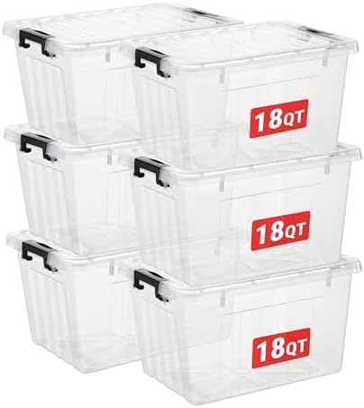 Cetomo Plastic Storage Bins, Lidded Storage Box with Strip for Home Office Dorm, Stackable, Clear, 18Quart-6 Pack by Cetomo