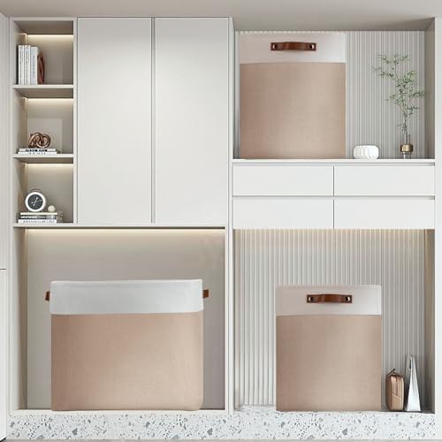 DULLEMELO Large Storage Baskets for Organizing, Canvas Storage Bins Big Baskets With Handles for Shelf Clothes Empty Gift Basket (White&Khaki) - Image 7