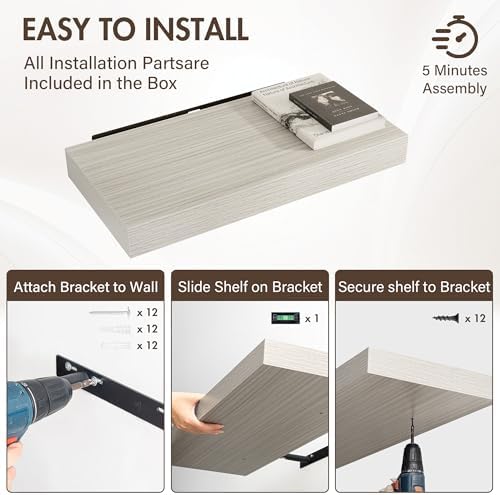 Acovy 24 Inch Floating Shelves, 12" Deep Floating Shelf Wall Mounted, 24" Wall Shelves, Rustic Deep Bookshelf, Extra Deeper & Thicker Display Shelves for Bedroom, Living Room, Gray, Set of 2 - Image 6