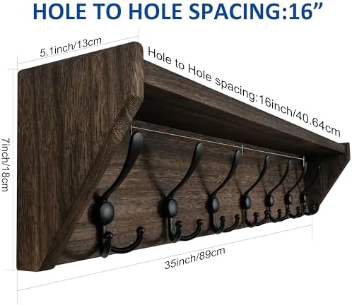 WEBI Coat Rack Wall Mount with Shelf,35" Long Wall Shelf with Hooks Underneath,7 Triple Hooks for Entryway,Hallway,Bedroom,Weathered Brown - Image 6