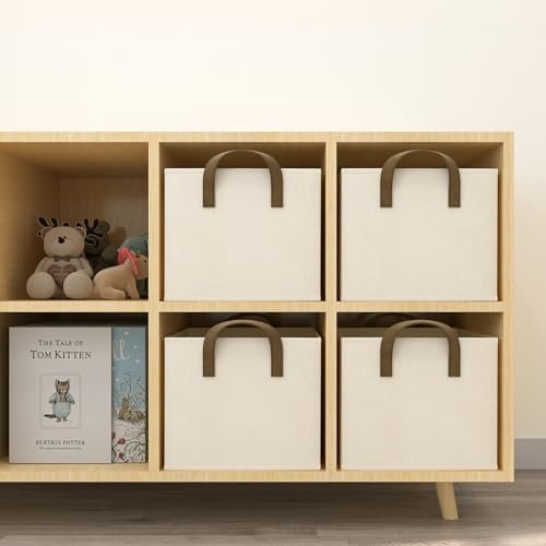 Closet Storage Bins, Fabric Closet Organizers and Storage Basket for Shelves, Collapsible Shelf Baskets for Organizing Shelves, Bedroom Clothes Basket, Beige, 3 Pack - Image 6