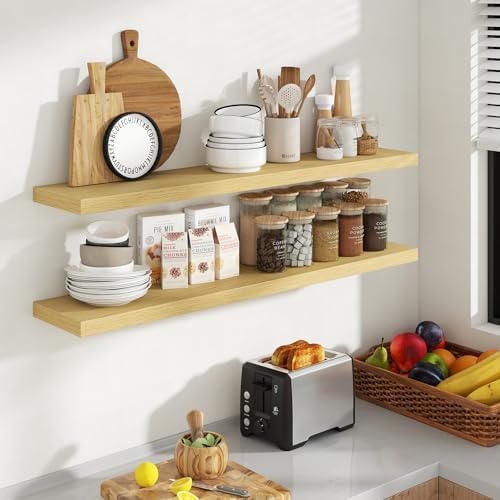 Acovy 48 Inch Floating Shelves, 8 Inch Deep Floating Shelves for Wall, Hanging Shelf with Invisible Brackets, Deep Shelves for Bathroom, Bedroom, Living Room, Oak, Set of 2 - Image 2