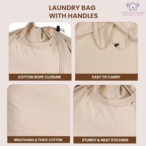 LFH Home Large Premium Cotton Rich Canvas Extra Large Laundry Bag with Drawstring and Handles Heavy Duty, Multi-Use, and Washable for Home, Travel, College or Storage 28x40 (Pack of 2)-Natural - Image 3
