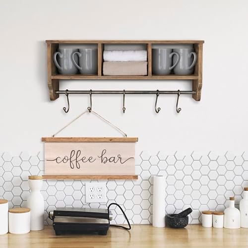 BizChair Wall Mounted Storage Rack - Rustic Brown Solid Pine Wood - 24 Inch - Upper Shelf - 5 Hooks - Wire Baskets - For Entryway, Kitchen, Bathroom - Image 6