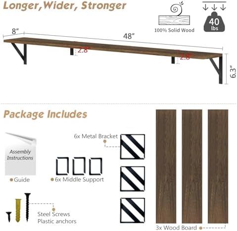 Forbena 48 Inch Floating Shelves for Wall Long Set of 3, Large Wooden Wall Bookshelf for Bedroom Books, Rustic Wood Hanging Bookshelves for Living Room Laundry Closet Kitchen Storage (Dark Brown) - Image 3
