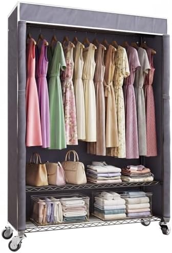 Higeego H4 Plus Rolling Clothes Rack with Cover, Black with Grey Cover by Higeego