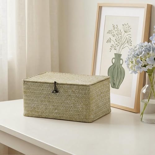 Nonam Wicker Storage Basket with Lid,Seagrass Shelf Basket Set of 3,White - Image 5