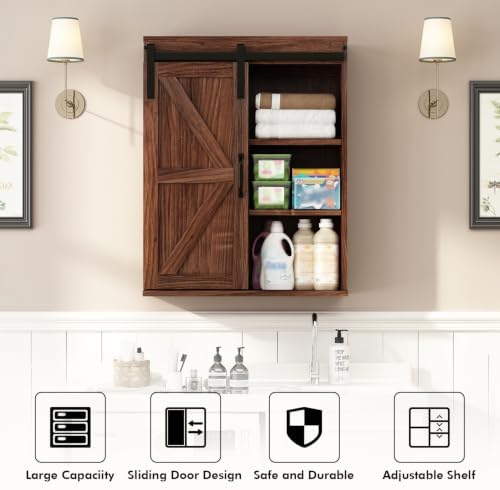 RUSTOWN Farmhouse Bathroom Wall Cabinet with Sliding Barn Door - Image 5