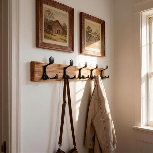 SKOLOO 24-Inch Wood Coat Rack Wall Mount with 5 Triple Hooks - Ideal for Family Entrances, Classrooms, and Pet Supplies Storage - Perfect Coat Hooks for Wall, Black on Natural - Image 2