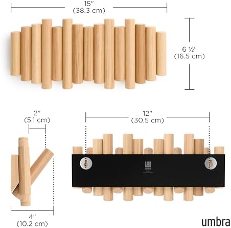 Umbra Picket Coat Rack, Wall Mount 5 Flip-Down Coat Hooks, Natural - Image 3