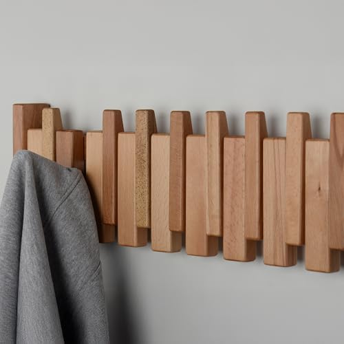 Beech Piano Key Coat Rack with 12 Flip Hooks, Natural - Image 5