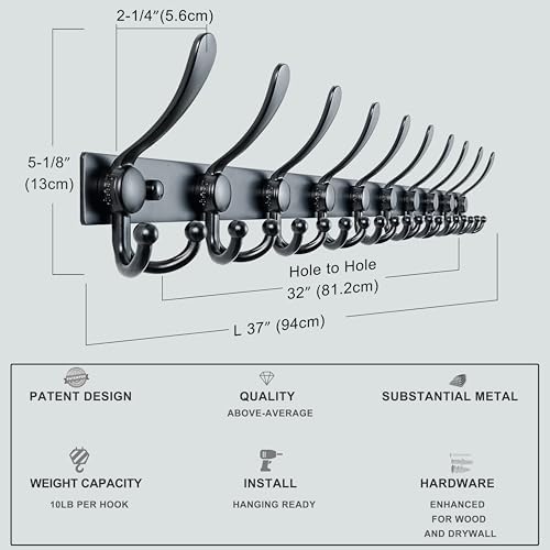 Dseap Coat Rack Wall Mount 37 Inch, Heavy Duty 12-Gauge Base vs Flimsy 1mm, Double-Thick Solid Anti-Snap Hooks, 16” Stud-Mount, Stainless Steel 10-Hook Hanger for Closet Entryway, Black - Image 6