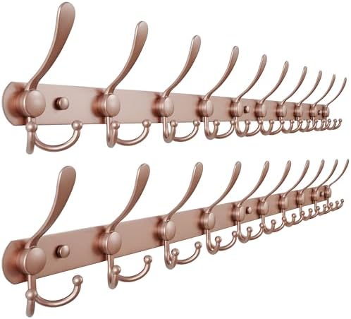 Dseap Coat Rack Wall Mount - 38” Long 10-Tri-Hooks Heavy Duty Coat Hanger Rail Wall Hooks for Hanging Coats Hats Clothing Clothes Purse Mudroom Entryway, Rose Gold, Pack of 2 by Dseap