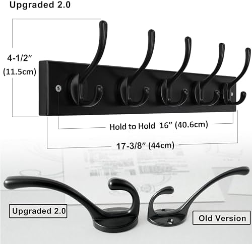 Dseap Wall Mounted Coat Rack: 16" Hole to Hole, Coat Hook Hanger with 5 Metal Hooks for Hanging Coats Towels Hats Clothes, Black, 2 Packs - Image 6