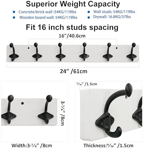 WEBI Rustic Coat Rack Wall Mount,24" Long 6 Cast Iron Coat Hooks Wall Mounted,Heavy Duty Farmhouse Wood Coat Hanger Wall Antique Vintage Hooks for Hanging Jacket,Clothes,Backpack,Black on White - Image 2