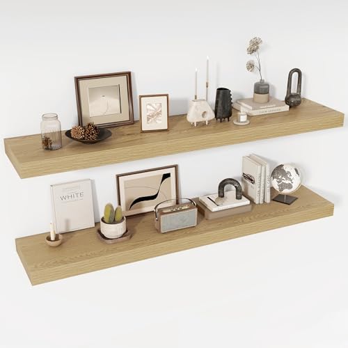 Acovy 55 Inch Floating Shelves, 12" Deep Floating Shelf Wall Mounted, 55" Wall Shelves, Rustic Deep Bookshelf, Extra Deeper & Thicker Display Shelves for Bedroom, Living Room, Oak, Set of 2 by Acovy
