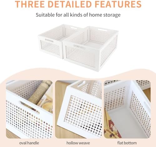 White Wooden Storage Baskets with Handle, Rectangular Set of 2 - Image 3