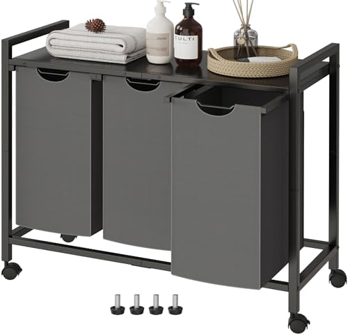 Laundry Hamper, Laundry Basket, Laundry Sorter with 2 Pull-Out and Removable Bags, Shelf, Laundry Room Storage with Table, for Bathroom, Bedroom, 3 x 10.5 Gal (40L), Grey by HOME