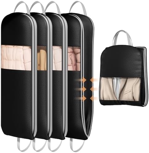 DIMJ 4 Pack 54" Garment Bags for Hanging Clothes - Space Saving Compression Suit Bag Travel with Handles Window, Washable Carry Clothing Storage Cover for Dress, Coats, Down Jacket, Shirts by DiMJ