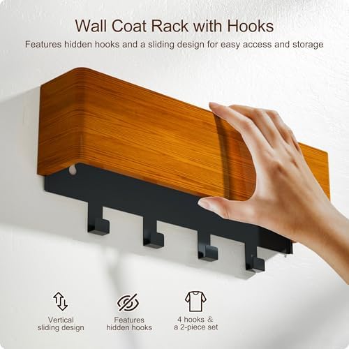 Key Holder Wall Mount with Shelf - Wooden Entryway Organizer with 4 Hooks for Keys, Coats & Hats - Wall Mounted Coat Rack for Hallway, Bathroom, Bedroom - Brown, 2-Pack - Image 5