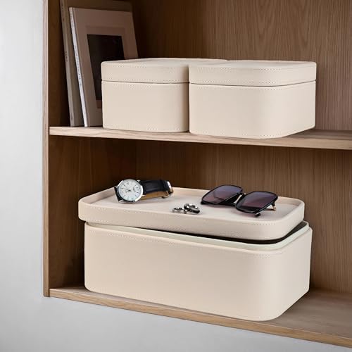 HofferRuffer Faux Leather Decorative Storage Boxes, Dust proof Storage Shelf Baskets with Lids Trays, Storage Bins Memory Box Organizer for Home, Office, Jewelry & More, Set of 3 (CreamWhite) - Image 6