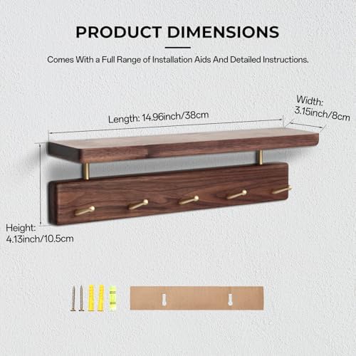 Walnut Wood Coat Rack with Shelf, Wall Mounted Rack with 5 Hooks - Image 6