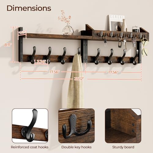 Evermagin 35" Coat Rack Wall Mount with Shelf for Entryway, Rustic Brown - Image 2