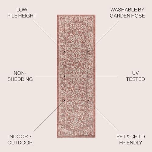 JONATHAN Y Weave Floral Indoor Outdoor Runner Rug 2X8 Red/Taupe, Tela Bohemian Textured for Backyard, Patio, Porch, Easy-Cleaning, High Traffic, Pet-Friendly, Non-Shedding (SMB100A-28) - Image 2