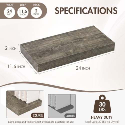 Acovy 24 Inch Floating Shelves, 12" Deep Floating Shelf Wall Mounted, 24" Wall Shelves, Rustic Deep Bookshelf, Extra Deeper & Thicker Display Shelves for Bedroom, Living Room, Set of 2 - Image 3