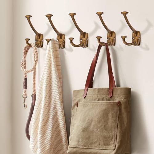 Large Wall Double-Sided Hook 10 Pack Antique Brass Hook Decorative Heavy Duty Solid Large Coat Hooks for Towel Hanging Coats Robe Triple Coat Hook Three Prong Hook - Image 5