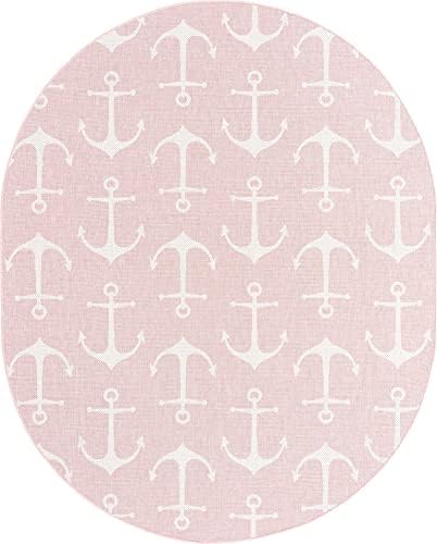 Unique Loom Outdoor Coastal Collection Area Rug - Ahoy (7' 10" x 10' Oval, Pink/ Ivory) - Image 3