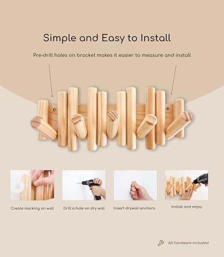 Modern Wooden Wall Mounted Coat Rack, 5-Hooks, Decorative Wall Hooks for Purse, Bags & Hats, Heavy Duty, Sturdy, Natural Pine Wood, Pull Down Hooks, Easy to Install - Image 5