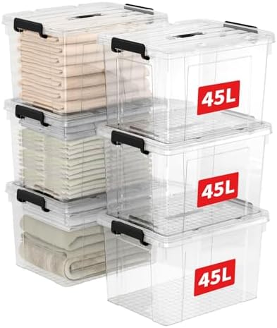 Cetomo Lidded Storage Bin with Handle, Storage Bins with Lid, Organizing Container with Secure Latching Buckles, Stackable and Nestable, Plastic, 50 Quart-6 Pack, Clear by Cetomo