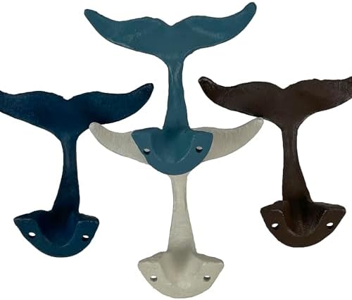 Zeckos Set of 4 Whale Tail Wall Hooks, Colorful Distressed Cast Iron - Image 4