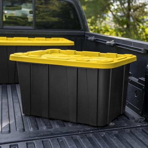 6-Pack Storage Bins Heavy Duty Stackable Industrial Tote 27-Gallon Plastic Container with Secure Snap-On Lids Design for Garage, Warehouse or Workshop Organization Black & Yellow - Image 6