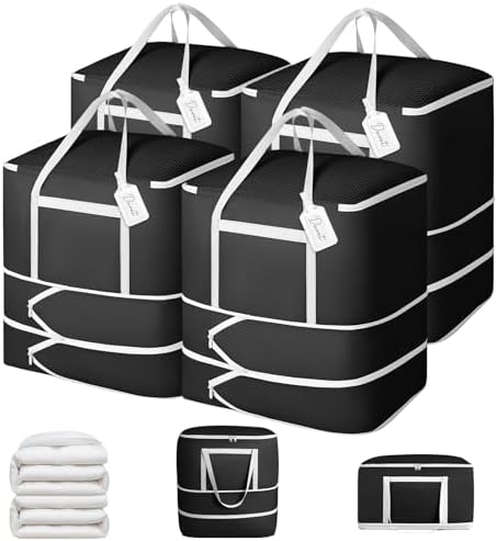Comforter Storage Bag - 120L Bedding Storage Bags for Moving Closet, Washable Blanket Storage Bag, Ultra Space Saving Self Compression Organizer, 4-Pack, Black by EasortmPackingCubes