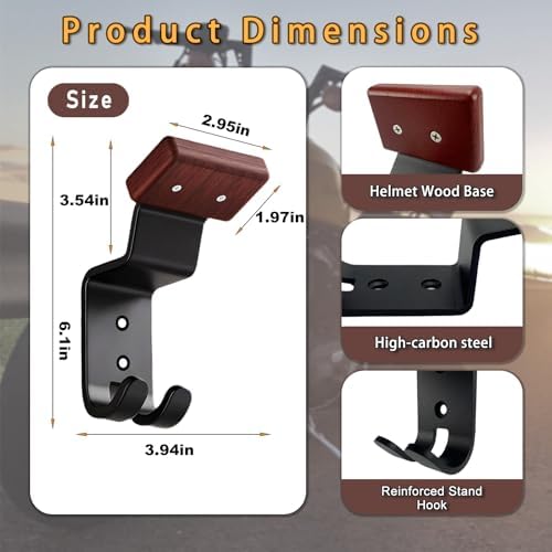 Motorcycle Helmet Holder Wall Mount - Heavy Duty Helmet Hanger Rack with 2 Key Hooks, Solid Wood & Strong Steel Design for Bike, Football, Skiing Sports Gear, Jackets & Hats (6) - Image 3