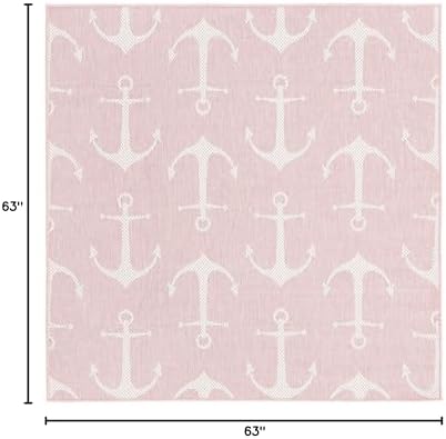 Unique Loom Outdoor Coastal Collection Area Rug - Ahoy (5' 3" Square, Pink/ Ivory) - Image 2