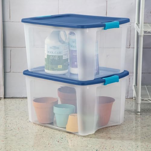 Sterilite 18 Gal Latch and Carry, Stackable Storage Bin with Latching Lid, Plastic Container to Organize Closets, Clear with Blue, 18-Pack - Image 4