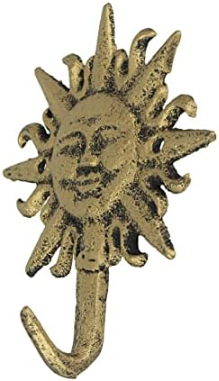 Zeckos Set of 3 Sun Face Wall Hooks, 6 Inch Gold Cast Iron - Image 2