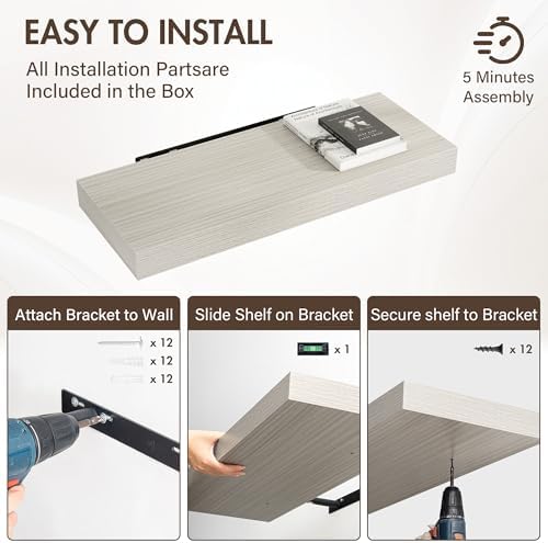 Acovy 30 Inch Floating Shelves, 12" Deep Floating Shelf Wall Mounted, 30" Wall Shelves, Rustic Deep Bookshelf, Extra Deeper & Thicker Display Shelves for Bedroom, Living Room, Gray, Set of 2 - Image 6