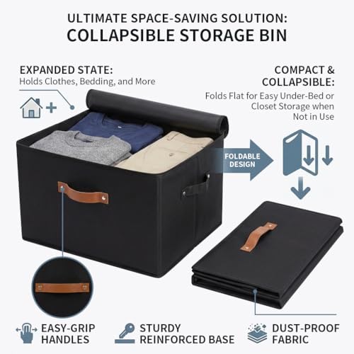 Tuza 3 Pack Foldable Storage Bin with Lid, Heavy-Duty Fabric Storage Box with Reinforced Handles, Collapsible Closet Organizer for Clothes, Bedding, Wardrobe & Bedroom Organization(Black, 56L) - Image 4