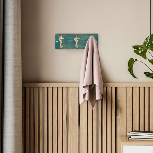 Coastal Wall Mounted Coat Rack with 3 Polished Brass Seahorse Hooks for Hanging, Distressed Hook Rail for Hat & Coats, Nautical Beach Themed Organizer for Entryway & Bathroom - Image 5