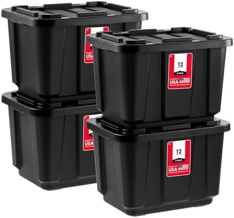 IRIS USA 4-Pack 12 Gal Heavy Duty Storage Tote Bins with Lids, Black by IRISUSA